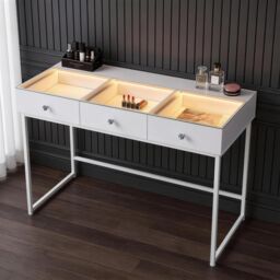 FENCHILIN Dressing Table with 3 Drawers & Lights Hollywood Makeup Vanity Desk in White - thumbnail 1