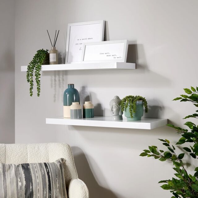 Home Source Pair of 80cm Floating Storage Shelf Wall Mounted Wooden Book Shelves in White - image 1