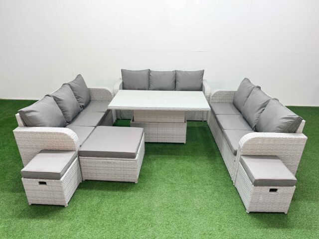 Fimous PE Rattan Lounge Sofa Set 12 Seater Outdoor Garden Furniture Set w/ Adjustable Lifting Dining or Coffee Table 3 Seater Sofa 3 Stools Light Grey - image 1