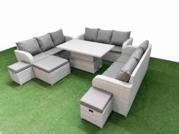 Fimous PE Rattan Lounge Sofa Set 12 Seater Outdoor Garden Furniture Set w/ Adjustable Lifting Dining or Coffee Table 3 Seater Sofa 3 Stools Light Grey - thumbnail 2
