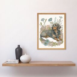 "Artery8 Wall Art Print Dachshund Dog Lying in Flower Field Pastel Watercolour Art Framed in Light Oak - Size: W12"" x H16""" - thumbnail 2