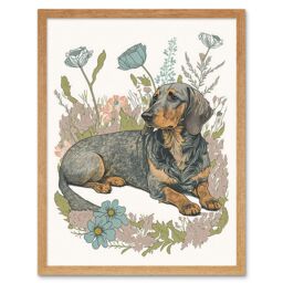 "Artery8 Wall Art Print Dachshund Dog Lying in Flower Field Pastel Watercolour Art Framed in Light Oak - Size: W12"" x H16""" - thumbnail 1