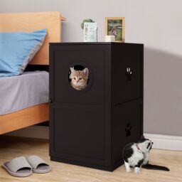 Costway 2-Tier Cat House Indoor Pet Crate Litter Box Enclosure Side Storage Cabinet in Brown - thumbnail 3