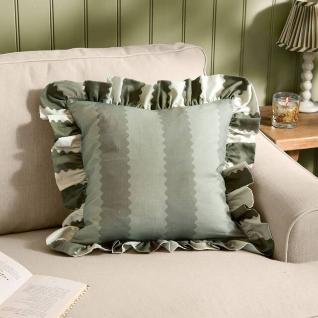 Wylder Birdie Stripe 100% Cotton Ruffle Cushion in Green - Size: 45 cm x 45 cm - image 1