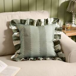 Wylder Birdie Stripe 100% Cotton Ruffle Cushion in Green - Size: 45 cm x 45 cm - thumbnail 1