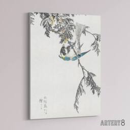 "Artery8 Great Tit & Cypress Japanese Canvas Wall Art Print Kashu - Size: W18"" x H24""" - thumbnail 2