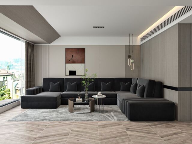 HOB Furniture Luxury Grand Linear U Shape Sofa - Sofa With Coffee Table - 14ftx10ftx8ft in Black - image 1