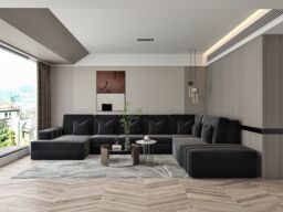 HOB Furniture Luxury Grand Linear U Shape Sofa - Sofa With Coffee Table - 14ftx10ftx8ft in Black
