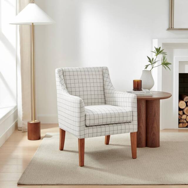 FurnitureboxUK Aubrey Beige Check Fabric Wingback Accent Armchair - image 1