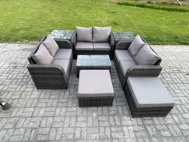 Fimous Wicker PE Rattan Garden Furniture Set 8 Seater Outdoor Lounge Sofa Set with Love Sofa Coffee Table 2 Side Tables 2 Big Footstool in Dark Grey - image 1