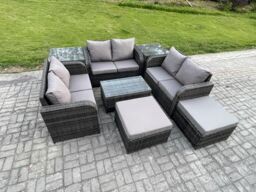 Fimous Wicker PE Rattan Garden Furniture Set 8 Seater Outdoor Lounge Sofa Set with Love Sofa Coffee Table 2 Side Tables 2 Big Footstool in Dark Grey - thumbnail 2