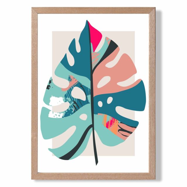 ARTZE Monstera Leaf Blue & Pink Boho Botanical Framed Print SIZE: A4 with Oak Frame in Mid Blue - image 1