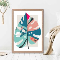 ARTZE Monstera Leaf Blue & Pink Boho Botanical Framed Print SIZE: A4 with Oak Frame in Mid Blue - thumbnail 2