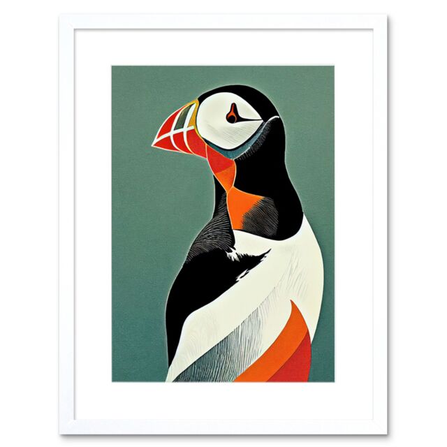 "Artery8 Wall Art Print Bright Bold Colourful Atlantic Puffin Bird Portrait Artwork Framed 9X7 Inch in White - Size: W7"" x H9""" - image 1