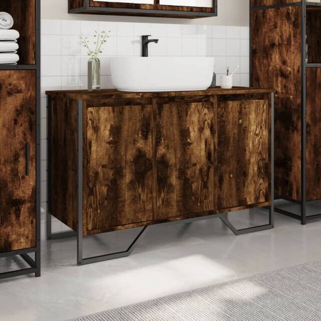 Berkfield Home Modern Bathroom Sink Cabinet Smoked Oak 91x35x60 cm Engineered Wood - Size: 91 x 35 x 60 cm - image 1