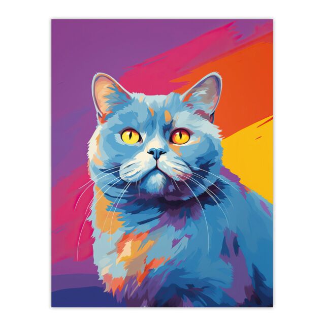 "Artery8 Wall Art Print British Shorthair Cat Lover Gift Pet Portrait Purple Orange Blue Artwork Painting Poster - Size: W24"" x H32""" - image 1