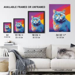 "Artery8 Wall Art Print British Shorthair Cat Lover Gift Pet Portrait Purple Orange Blue Artwork Painting Poster - Size: W24"" x H32""" - thumbnail 3