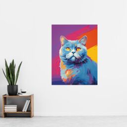 "Artery8 Wall Art Print British Shorthair Cat Lover Gift Pet Portrait Purple Orange Blue Artwork Painting Poster - Size: W24"" x H32""" - thumbnail 4