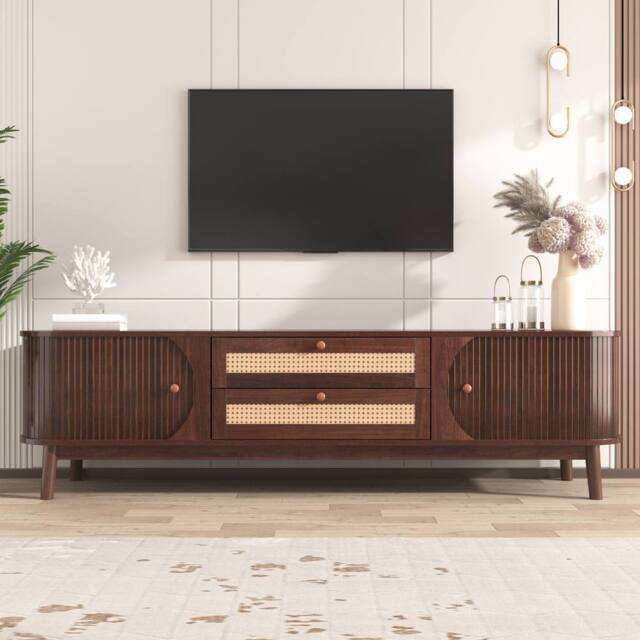ModernLuxe Country style TV cabinet with rattan drawers, doors & storage in Walnut - image 1
