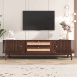 ModernLuxe Country style TV cabinet with rattan drawers, doors & storage in Walnut