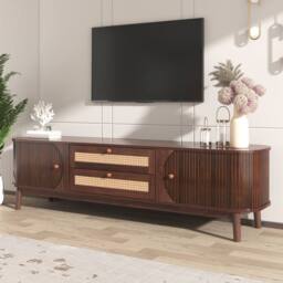 ModernLuxe Country style TV cabinet with rattan drawers, doors & storage in Walnut - thumbnail 2