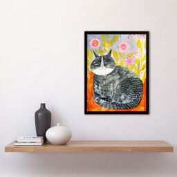 "Artery8 Happy Maine Coon with Flowers Cat Lover Folk Art Framed Wall Art - Size: W12"" x H16""" - thumbnail 4