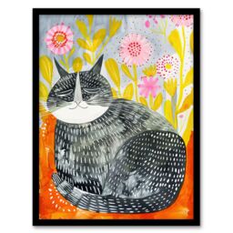 "Artery8 Happy Maine Coon with Flowers Cat Lover Folk Art Framed Wall Art - Size: W12"" x H16""" - thumbnail 1