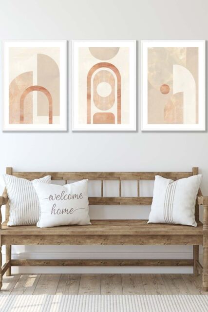 ARTZE Set of 3 White Framed Mid Century Beige & Terracotta Arches Wall Art - Size: W33 cm x H45 cm x D20mm - image 1