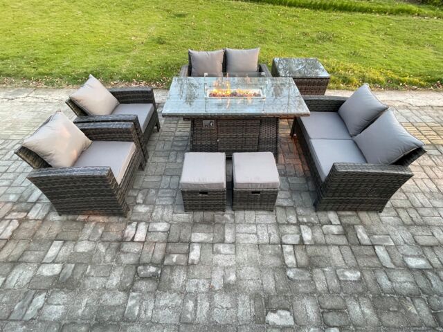 Fimous Wicker PE Rattan Garden Furniture Sets 8 Seater Patio Outdoor Gas Firepit Dining Table Heater Set with Double Seat Sofa in Dark Grey