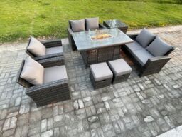 Fimous Wicker PE Rattan Garden Furniture Sets 8 Seater Patio Outdoor Gas Firepit Dining Table Heater Set with Double Seat Sofa in Dark Grey - thumbnail 2