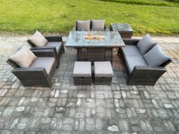 Fimous Wicker PE Rattan Garden Furniture Sets 8 Seater Patio Outdoor Gas Firepit Dining Table Heater Set with Double Seat Sofa in Dark Grey - thumbnail 1