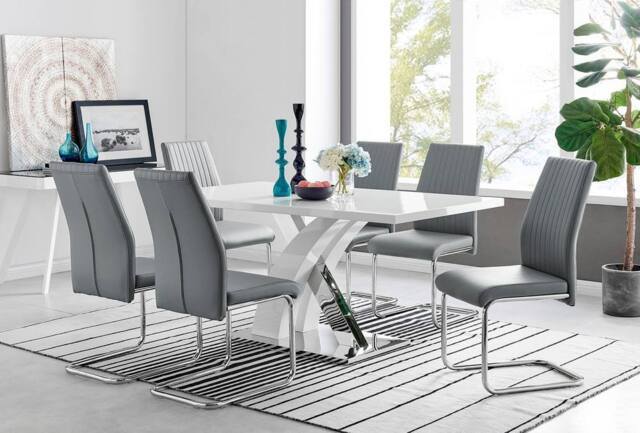 FurnitureboxUK Atlanta Modern Rectangle Chrome Metal High Gloss White Dining Table & 6 Lorenzo Chairs Set in Grey - image 1