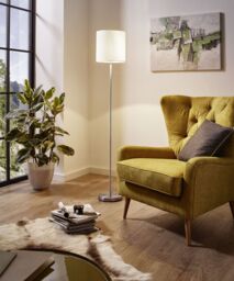 Loops Floor Lamp Light Satin Nickel Shade White Fabric Pedal Switch Bulb E27 1x60W in Metallics - thumbnail 3
