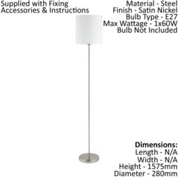 Loops Floor Lamp Light Satin Nickel Shade White Fabric Pedal Switch Bulb E27 1x60W in Metallics - thumbnail 2