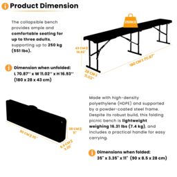 Novecrafto Durable 6ft Folding Bench Seat - Portable Plastic Bench with Convenient Carry Handle for Garden, Picnic, Party, & Camping in Black - thumbnail 4