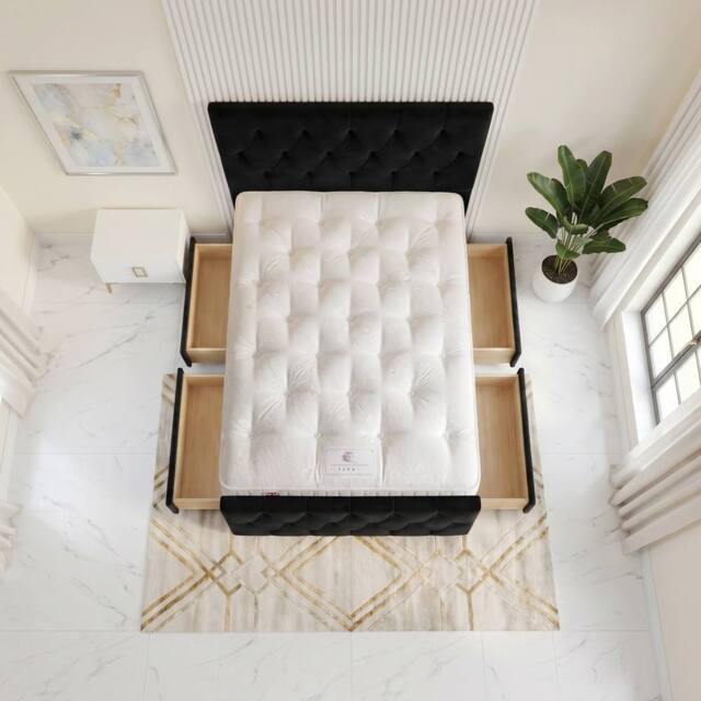 "Somnior Ziggy Velvet Divan Bed Mattress 4 Draw 54"" Headboard 22"" Footboard in Black - Size: Super King" - image 1