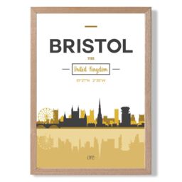 ARTZE Bristol Yellow & Black City Skyline Framed Print SIZE: A3 with Oak Frame - Size: A4