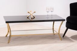 Orsina Durable Black Coffee Table, Elegant Gold Finish Decorative Coffee Table With Curved Legs & Glossy Black Top - thumbnail 2