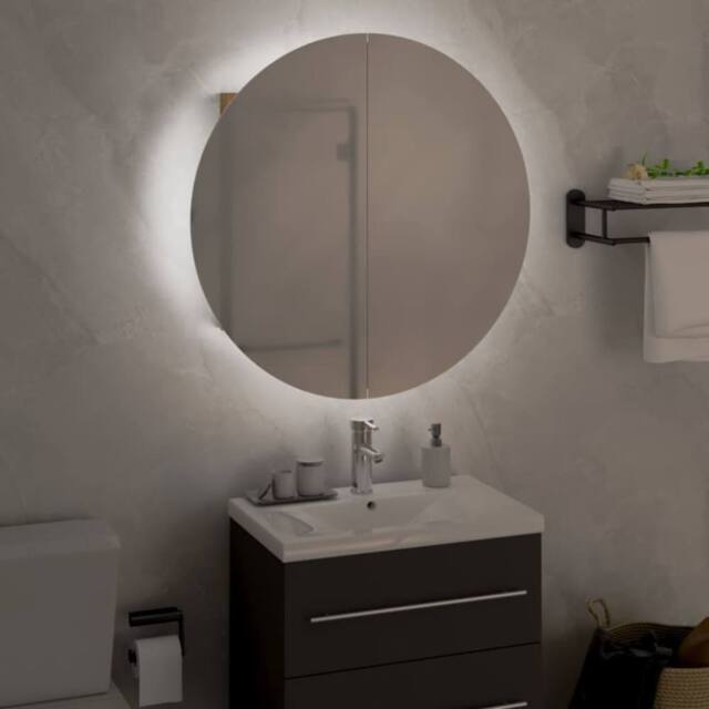 Berkfield Home Beautiful Bathroom Cabinet with Round Mirror&LED Oak 47x47x17.5 cm in Brown - image 1