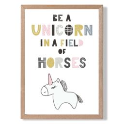 ARTZE Cute Be a Unicorn Scandi Animal Framed Print SIZE: A4 with Oak Frame in Pink