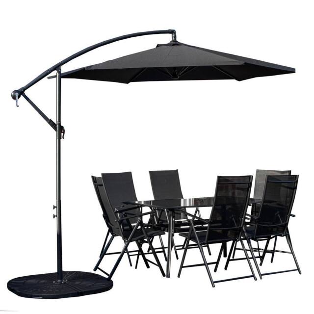 Samuel Alexander Outdoor 6 Person Glass Top Garden Table Chairs, Banana Parasol & Base in Black - image 1
