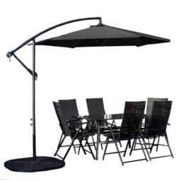 Samuel Alexander Outdoor 6 Person Glass Top Garden Table Chairs, Banana Parasol & Base in Black - thumbnail 1