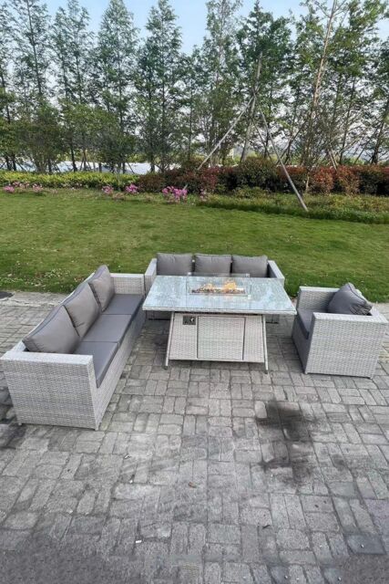 Fimous Rattan Garden Furniture Set Gas Fire Pit Dining Set Heater Burner Lounge Sofa Chairs Outdoor in Light Grey - image 1