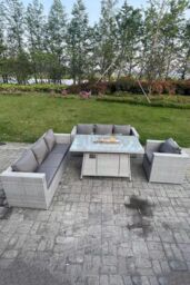 Fimous Rattan Garden Furniture Set Gas Fire Pit Dining Set Heater Burner Lounge Sofa Chairs Outdoor in Light Grey - thumbnail 1