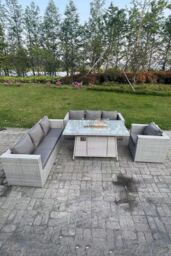 Fimous Rattan Garden Furniture Set Gas Fire Pit Dining Set Heater Burner Lounge Sofa Chairs Outdoor in Light Grey - thumbnail 3