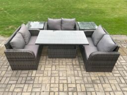 Fimous Rattan Garden Outdoor Furniture 3 PC Love Sofa Set Patio Adjustable Rising lifting Dining Table With 2 Side Tables in Dark Grey - thumbnail 2