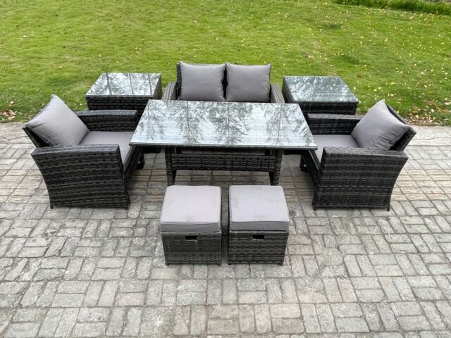 Fimous 6 Seater PE Wicker Outdoor Garden Furniture Set Patio Furniture Rattan Rectangular Dining Table Lounge Sofa in Dark Grey