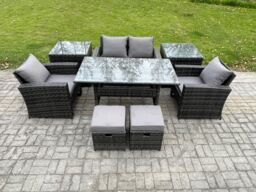 Fimous 6 Seater PE Wicker Outdoor Garden Furniture Set Patio Furniture Rattan Rectangular Dining Table Lounge Sofa in Dark Grey - thumbnail 1