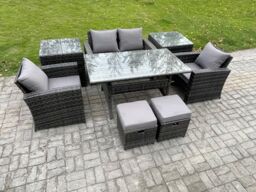 Fimous 6 Seater PE Wicker Outdoor Garden Furniture Set Patio Furniture Rattan Rectangular Dining Table Lounge Sofa in Dark Grey - thumbnail 2