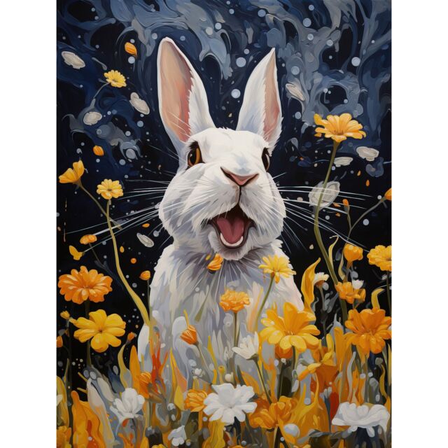 Artery8 Wall Art Print Moonlit White Rabbit Oil Painting Playing with Yellow Spring Flowers Mischief at Night Kids Bedroom Artwork Poster - image 1